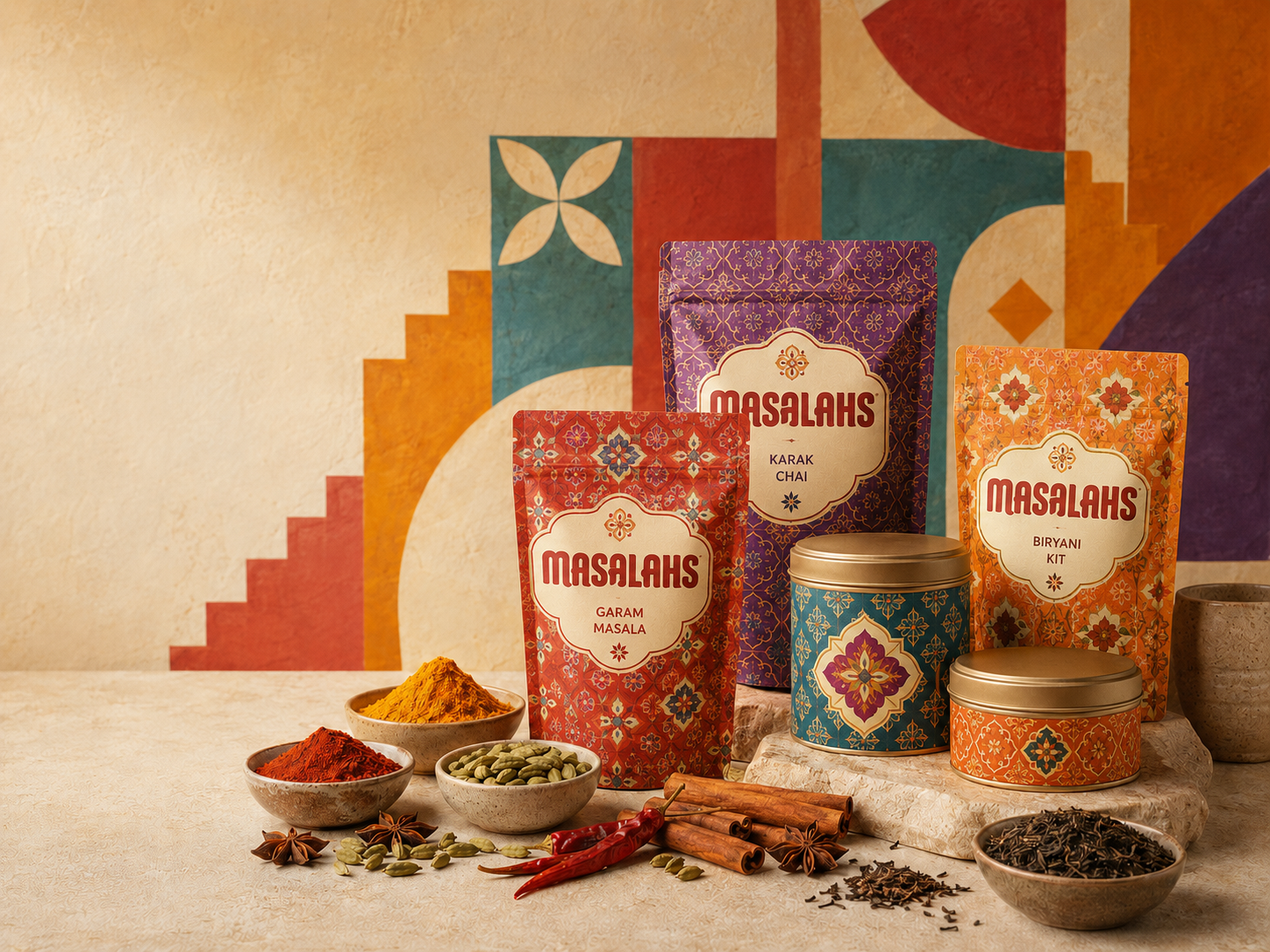 Patterned Masalahs pouches and tins for garam masala, karak chai and biryani, surrounded by colourful South Asian spices